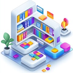Isometric illustration of a modern bookshelf with colorful books, digital elements, and a plant