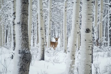 A deer standing in a snowy birch forest with snow covered trees and ground on a cold winter day