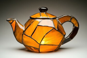 Orange stained glass teapot shining on white background