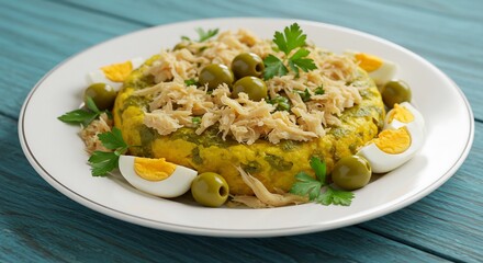 Delicious Food Platter with Eggs Olives and Herbs on a Blue Tabletop