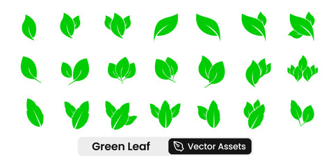 Green Leaves Icons set showcasing nature, growth, sustainability, and environmental symbols. A solid vector illustration collection ideal for eco-friendly apps, gardening projects, and nature-inspired