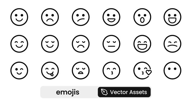 Emojis Faces icon set showcasing expressions, emotions, reactions, and moods. A playful solid vector illustration collection ideal for chat apps, social media, messaging platforms, and creative design