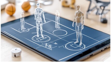 Detailed human figure model demonstration in sports training innovative technology studio environment aerial view