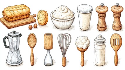 Kitchen Utensils and Food Items Illustration