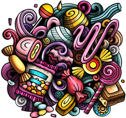 Fototapeta premium Candies cartoon doodles illustration. Sweet food design. Confection elements and objects background. Bright colors funny picture.