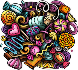 Candies cartoon doodles illustration. Sweet food design. Confection elements and objects background. Bright colors funny picture.