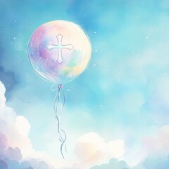 A balloon with a cross symbol flying peacefully in a clear blue sky, symbolizing faith and spiritual journey
