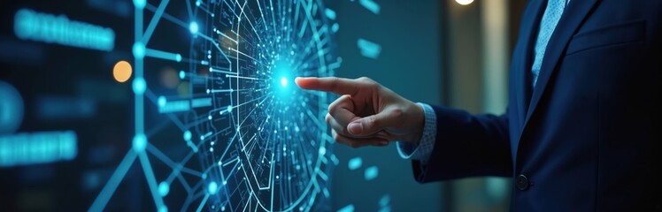 Fototapeta premium Businessman interacts digital network touch screen. Finger touch glowing sphere. Modern futuristic tech concept for business, innovation, communication, online security.