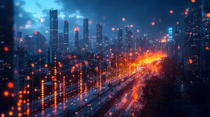 Futuristic urban cityscape with data analytics overlays