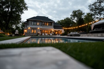 Modern suburban house with illuminated swimming pool at dusk