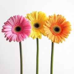 Three gerbera daisies in pink yellow and orange with green stems isolated on white background
