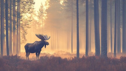 Majestic Moose in Misty Sunrise Forest