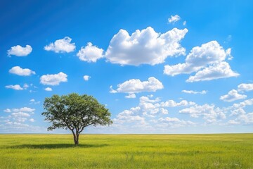 A solitary tree stands in a green field under a bright blue sky filled with fluffy white clouds