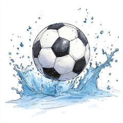 Naklejka premium Watercolor Soccer Ball Splashing in Blue Water