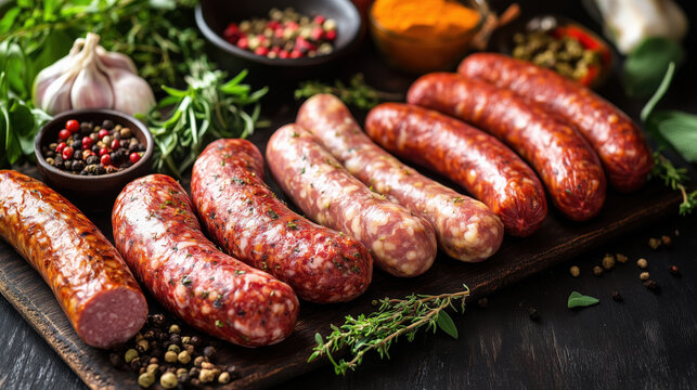 Assorted raw sausages with herbs and spices on wooden board