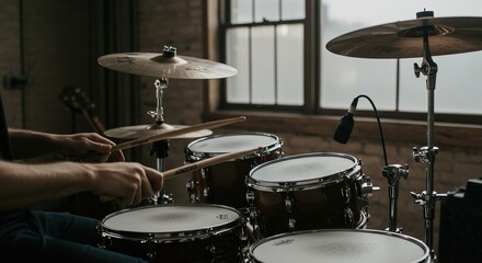 Obraz premium Man playing a drum set with drumsticks in a room with natural light
