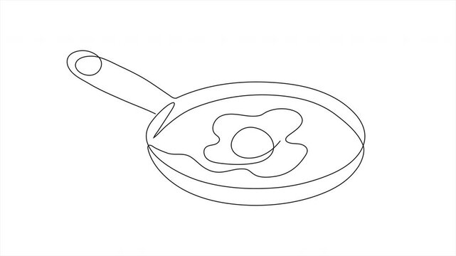 Single one line drawing of frying pan with fried egg on white background. Food cooking concept. Self drawn animation contour line, continuous line. 4K animation