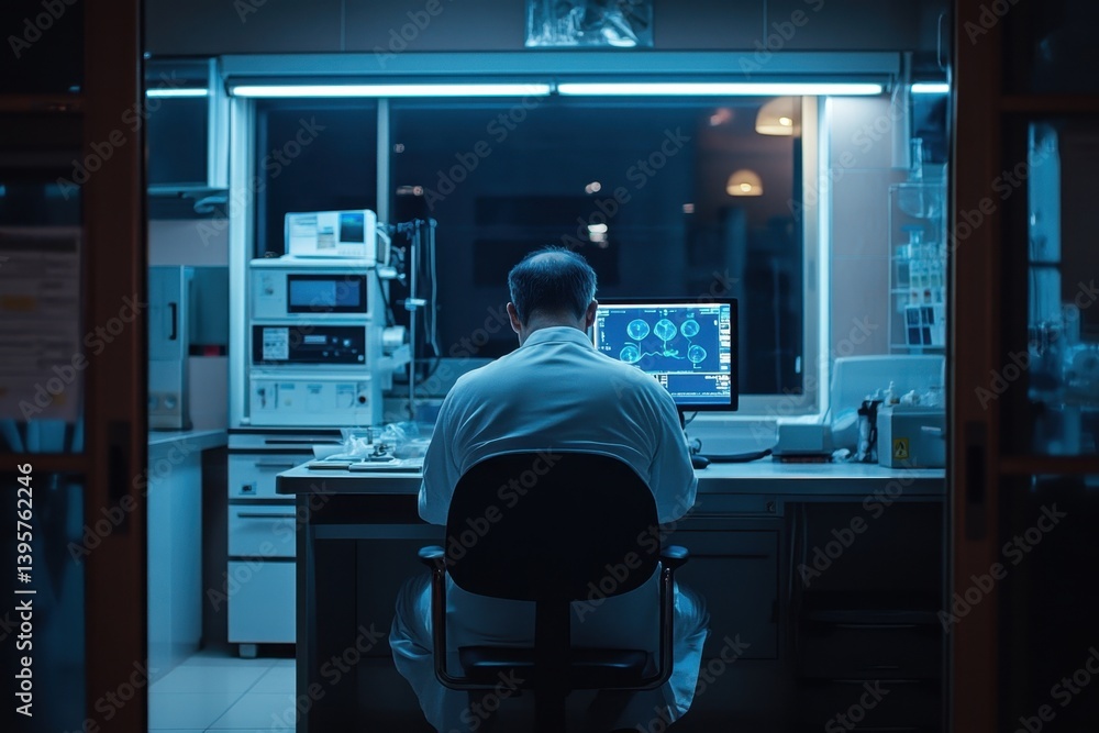 Poster scientist working late at night in a laboratory using advanced technology for research