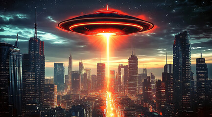 Ufo with colourfull lights is flying in sky

