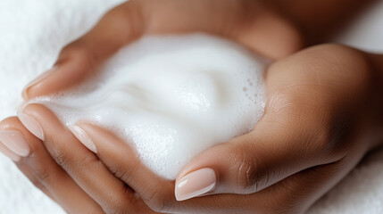 Naklejka premium Gentle hands cradle a rich foam, ready for skincare use. The soothing atmosphere enhances a self-care routine in a bright, inviting space