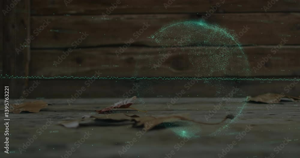 Poster falling leaves on ground with digital globe and data animation overlay