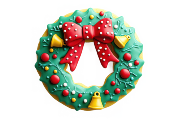Decorated christmas wreath cookie with bow and bells on display