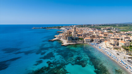 Fototapeta premium Aerial View Of Coastal Town With Beach And Turquoise Water