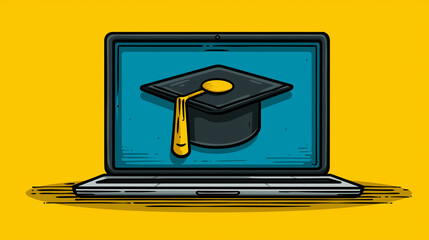 Graduation Cap on Blue Laptop for Online School Platforms and Academic Apps