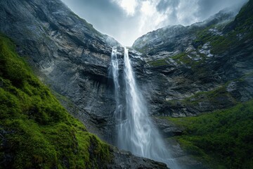 Obraz premium A waterfall cascading down a rocky mountain with green moss and a cloudy sky above the mountain top