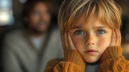 In the foreground a small child covers his ears, in the background the parents are arguing with each other, everything is happening in the room.