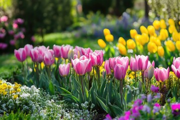 A garden view showcasing pink and yellow tulips with green foliage in a natural outdoor setting