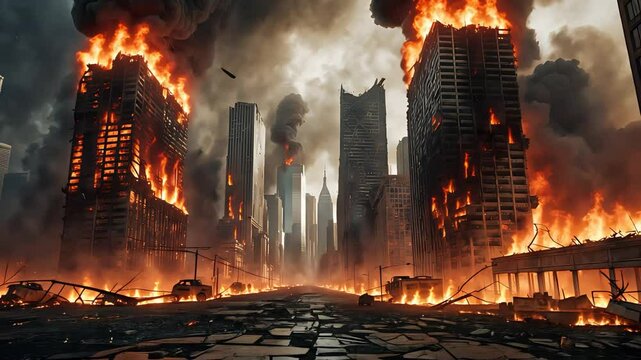 Burning skyscrapers engulfed in flames and thick smoke as fire spreads through crumbling city skyline with debris and destruction on streets

