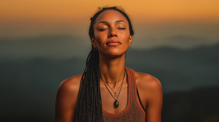 Woman Meditating at Sunrise with Calm Expression for Mobile Wallpapers and Relaxation Apps