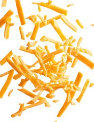 Fototapeta premium Grated cheddar cheese floating on a white background, isolated