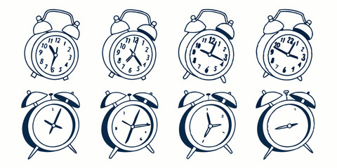 Blue Doodle Sketch Alarm Clocks Hand Drawn Line Art Set