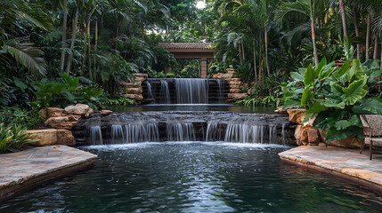 Naklejka premium Tranquil tiered waterfall cascading into a serene pool surrounded by lush tropical foliage in a peaceful garden setting.