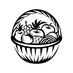 Monochrome fruit basket design with apples, grapes, and oranges in clean lines