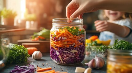  Mother teaching child to ferment vegetables in jar, layers of cabbage, garlic, carrots visible, sunlight on counter, knowledge of gut health passed visually