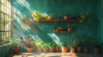 Indoor Garden Oasis: Plants in Pots, Wooden Shelves, Sunlight, and Lush Greenery Creating a Tranquil Interior.