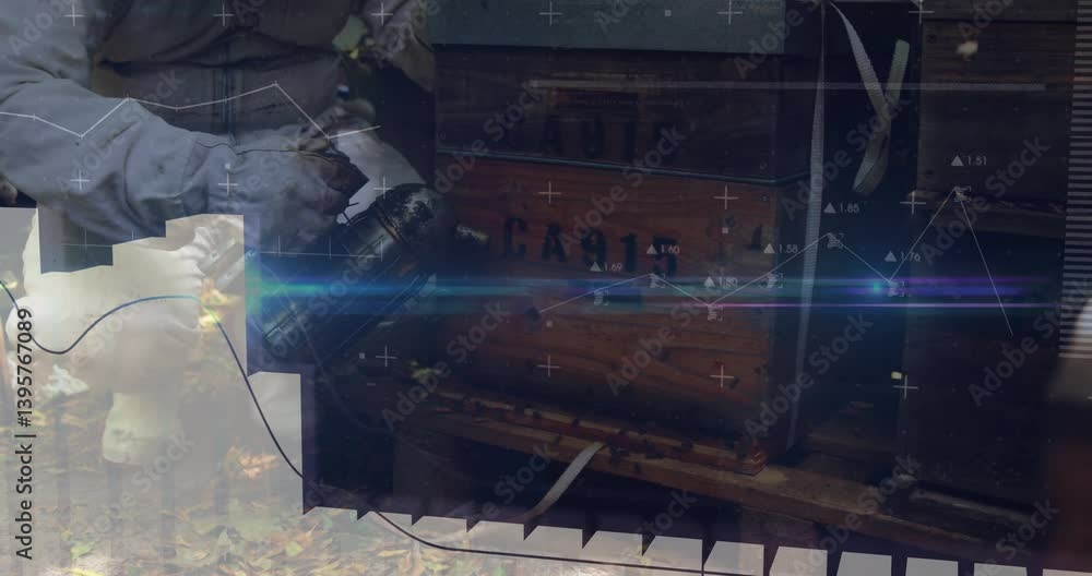 Poster tending hive, beekeeper with data processing animation overlaying scene in field