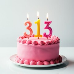A pink cake with three candles for a third birthday celebration on a white background, age, anniversary, sugary