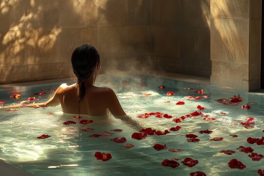 Relaxing soak in a serene spa with rose petals floating around