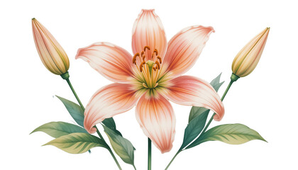 Watercolor illustration of a pink lily flower with green leaves and buds on a transparent background. Concept of floral beauty and nature.