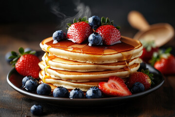 Stack of pancakes topped with fresh strawberries and drizzled with syrup on a white plate.