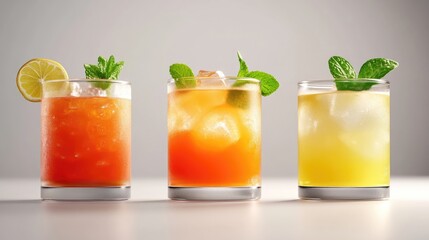 Fototapeta premium Three colorful refreshing drinks with ice