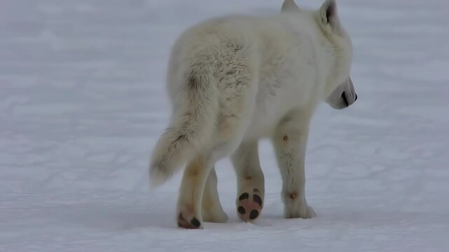White Baby Dire Wolf Walking in the Snow