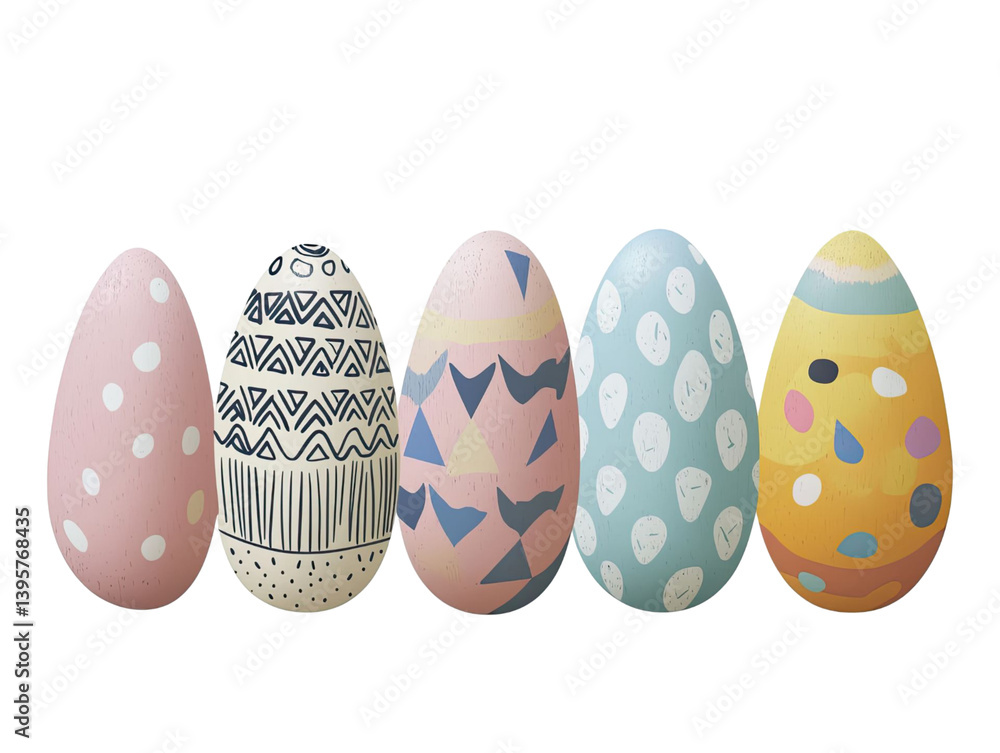 Poster five decorated easter eggs arranged in a row against a transparent background. each egg features a u