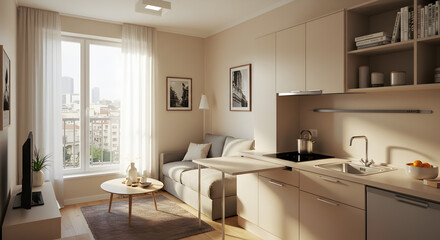 Cozy Studio Apartment Interior With Kitchenette And Space Saving Furniture