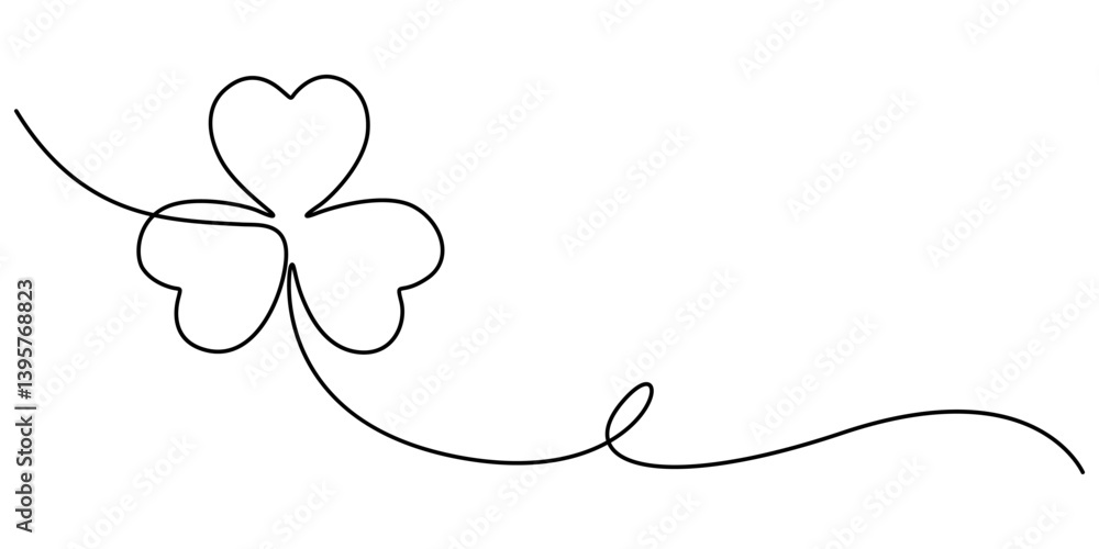 Fototapete Happy St. Patrick's Day Line Drawing Banner with Shamrock with Editable Stroke Banner, Illustration of a three-leaf clover in white background, clover three leaf continuous one line dawing. minimalist