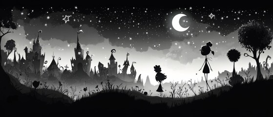 Fototapeta premium Black and white illustration of a cityscape at night with a moon and stars.